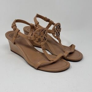 Tory Burch Miller Wedge Leather Sandals  Tan Size 5.5